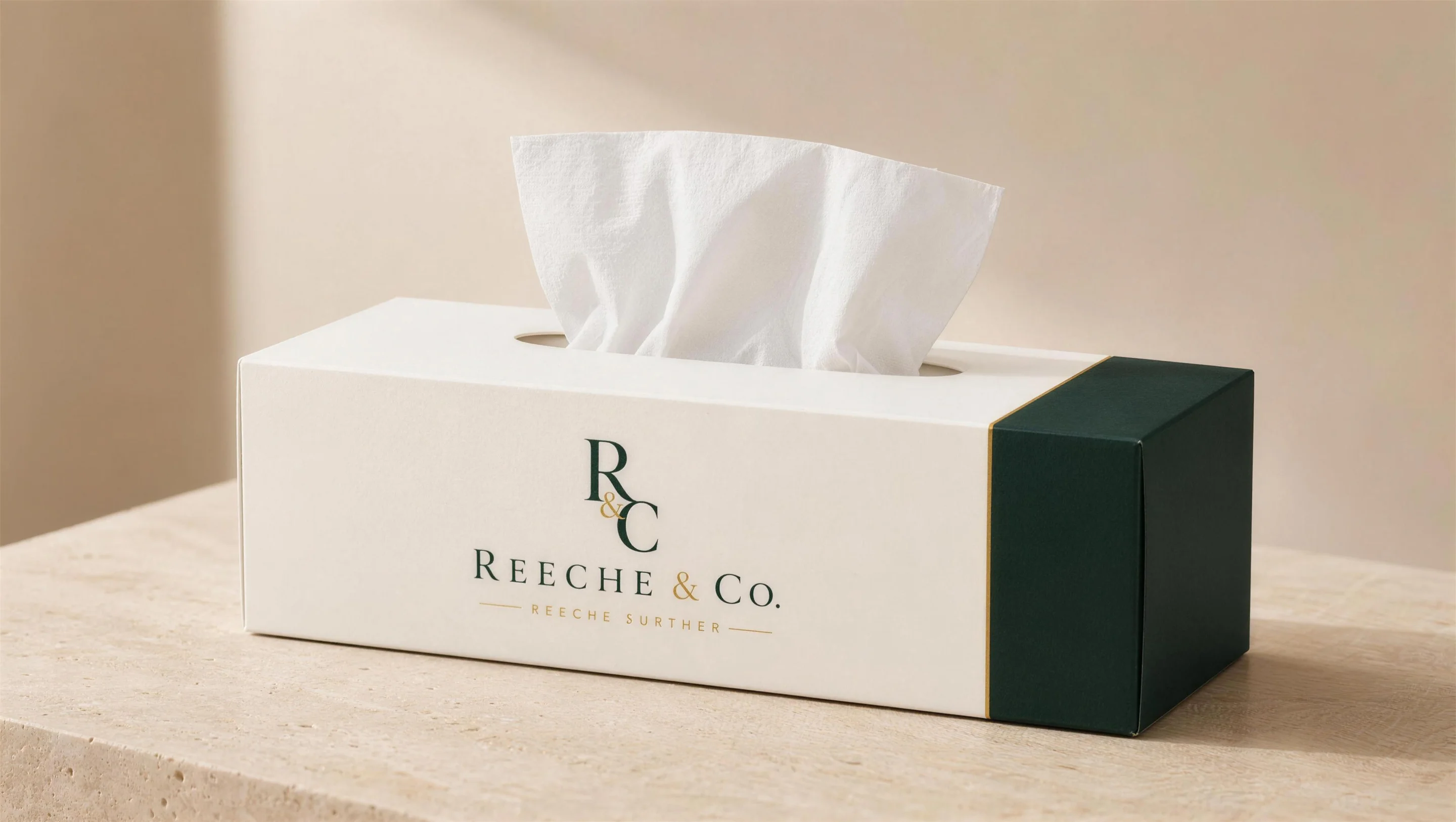 Low rectangular REECHE & CO. facial tissue box concept with forest end cap