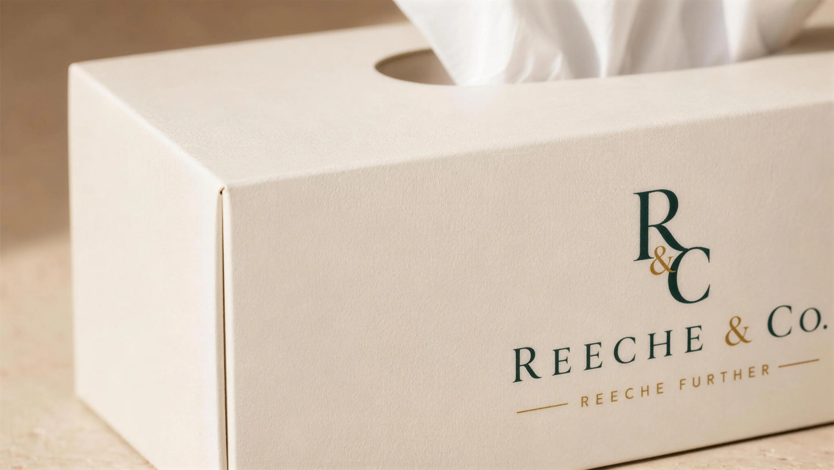Macro of the REECHE & CO. tissue box concept showing paper grain and printed hairline