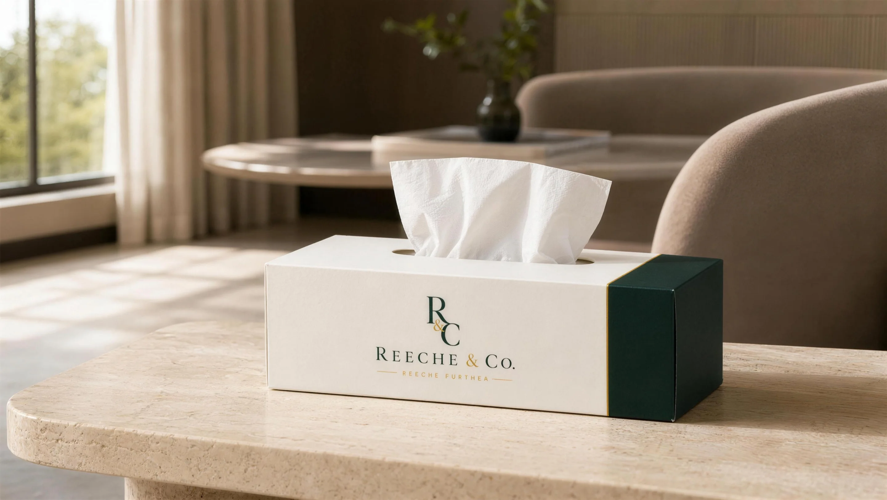 REECHE & CO. tissue box concept on a lounge table in warm light