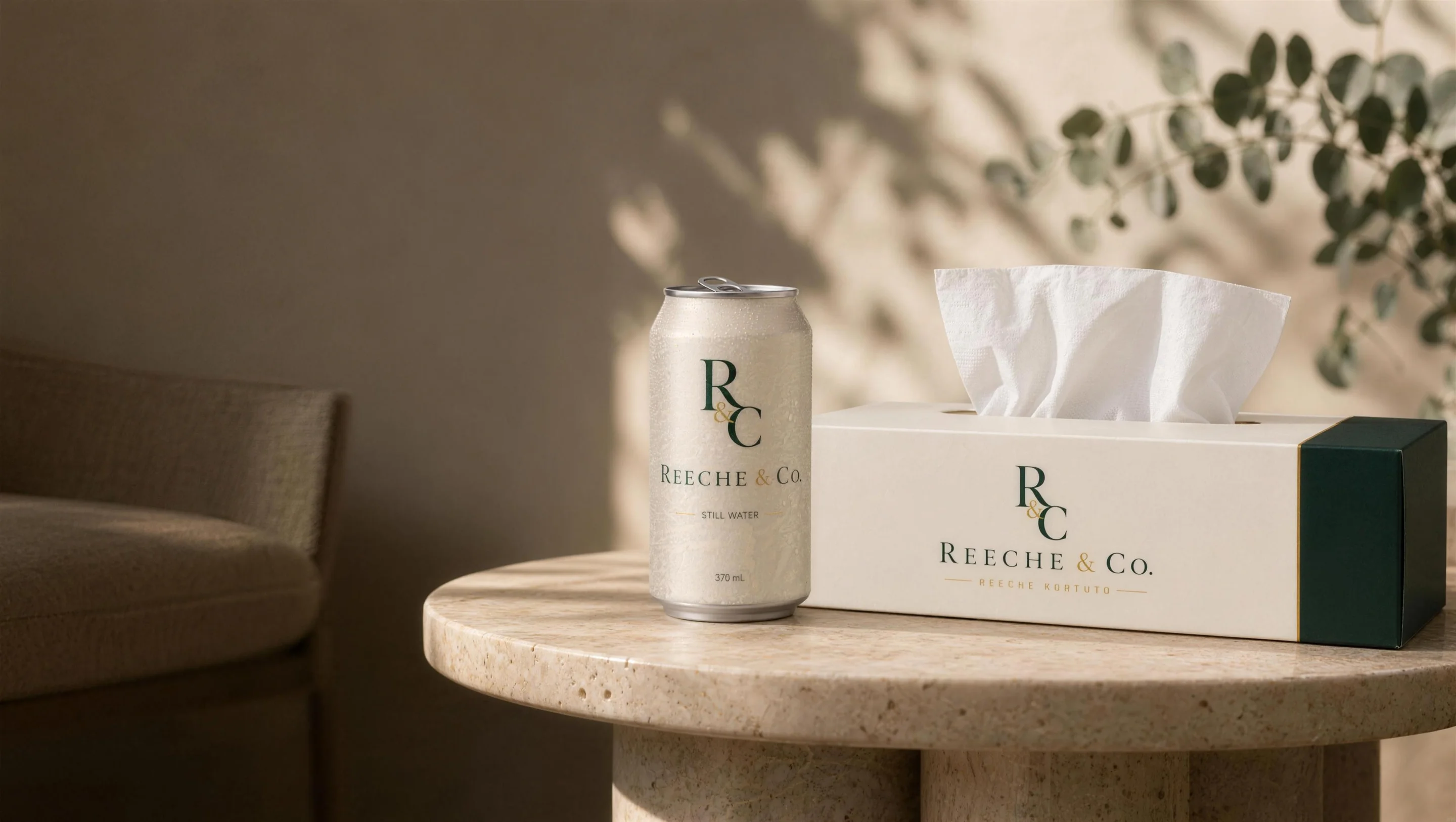 A quiet premium waiting room with REECHE & CO. concept objects on a side table