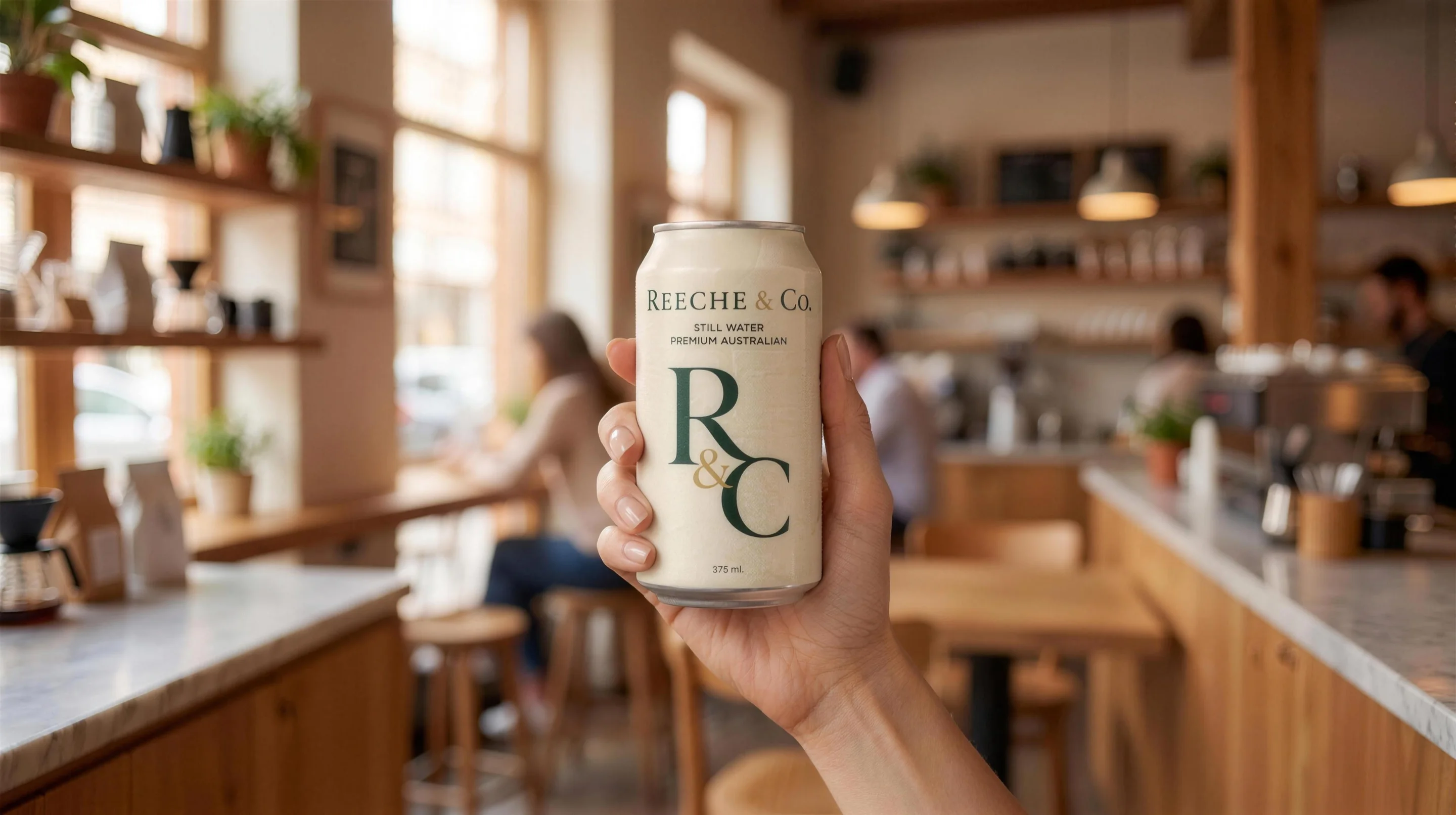 A hand holding the ivory REECHE & CO. still water can in a warm cafe