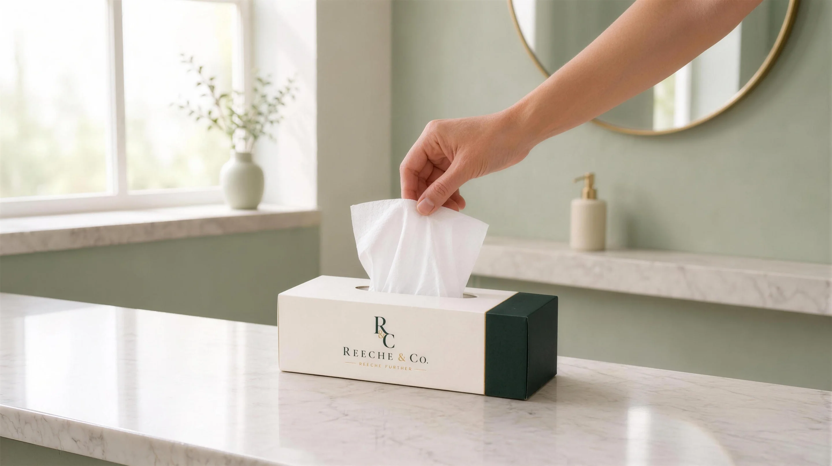 A natural hand drawing one tissue from the rectangular REECHE & CO. box concept